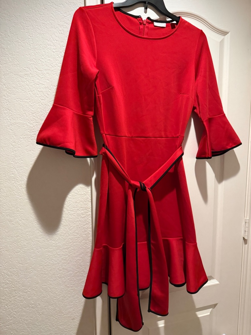 New York & Company Red Asymmetrical Flared Dress with Black Trim